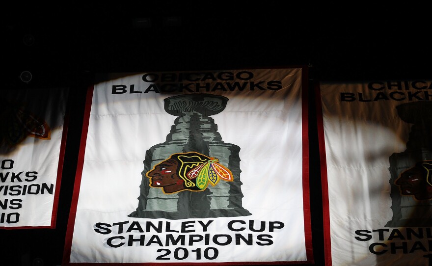 The 2010 Stanley Cup Championship banner is seen during a ceremony before the Chicago Blackhawks season home opening game against the Detroit Red Wings at the United Center on Oct. 9, 2010 in Chicago.