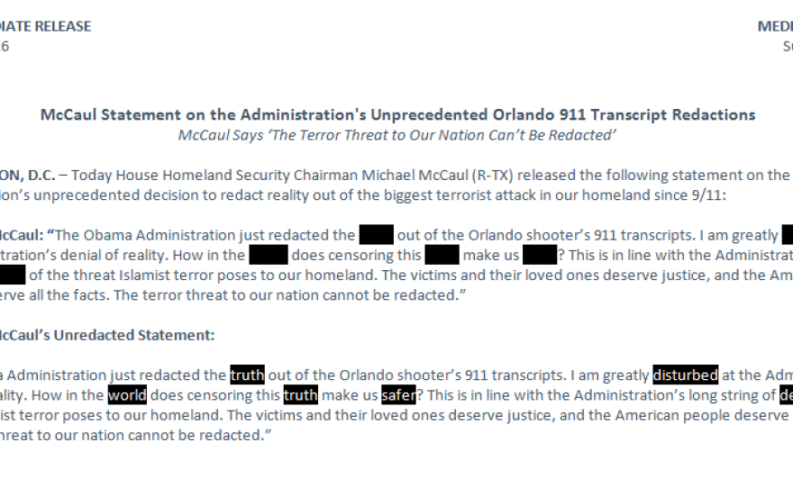 McCaul's statement on the Justice Department's Orlando 911 call transcript redactions, released Monday.