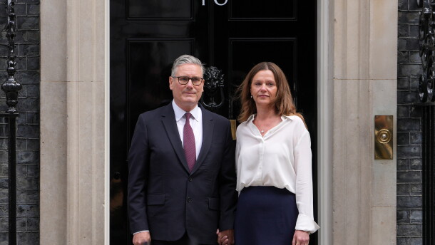 Britain's Prime Minister Keir Starmer and wife Victoria stand in front of 10 Downing Street door after speaking to the media in London, Monday, June 22, 2026.