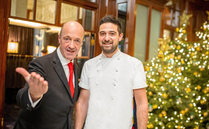 The Savoy Grill, restaurant director Thierry with Executive Head Chef Ben. The holiday season has arrived at The Savoy and staff are pushed to the breaking point as they welcome hundreds of residential guests and diners across Christmas Day and New Year's Eve.