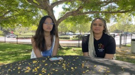 Joy Ruppert, left, is ASB president at San Dieguito Academy, and Ayana Johnson, right, is president of the Black Student Union at  Torrey Pines High School. They are both supporters of Cheryl James-Ward, the San Dieguito Union District Superintendent who was fired on Sunday, San Diego, CA, June 29, 2022.