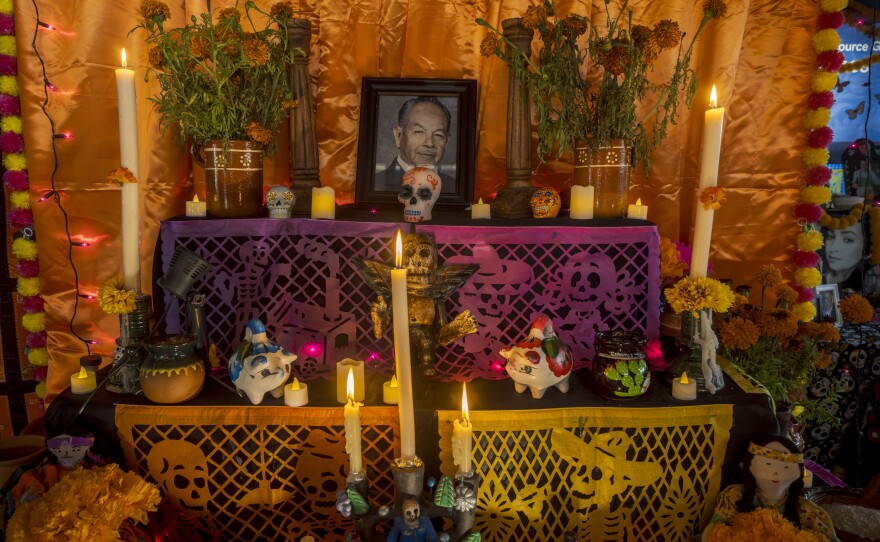 This Día de Muertos altar is decorated with sugar skulls, papel picado, candles and Mexican marigold flowers at the Sherman Heights Community Center, Oct. 15, 2024.