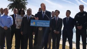 San Diego Mayor Kevin Faulconer, center, with Verizon's vice president Ed Chan to the left of him and Councilman Chris Cate and San Diego police Chief David Nisleit.