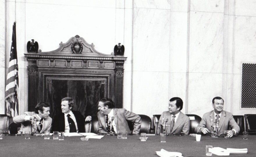 "The Dick Cavett Show" of Aug. 1, 1973 on location from the Senate Watergate Committee hearing room in Washington D.C. Committee Vice-Chairman, Senator Howard Baker (left); Dick Cavett; Senator Lowell Weicker (near right); Senator Daniel Inouye (center right); Senator Herman Talmadge (far right).