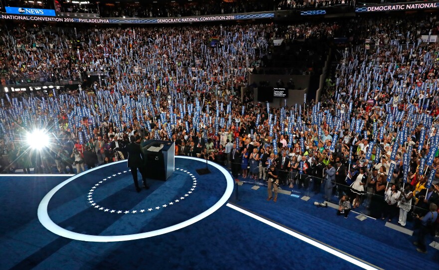 Obama laid out the successes of his campaign and his optimism for the future, calling on the crowd to vote for Clinton.