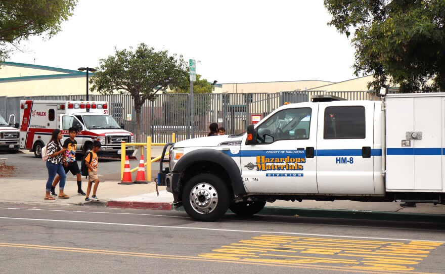 A County of San Diego Hazardous Materials Division vehicle parked outside Rosa Parks Elementary School in City Heights on Friday, Sept. 26, 2025.