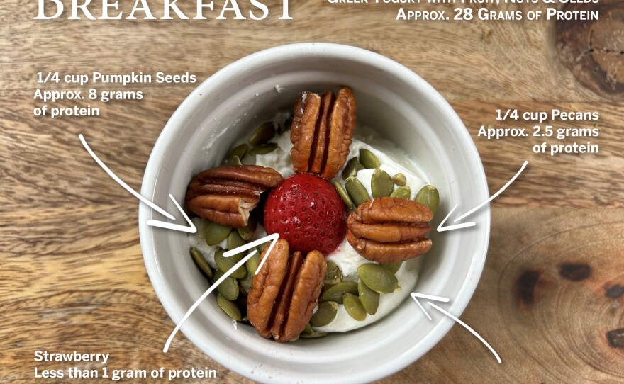 Here's an example of a high-protein breakfast. Estimates are from food labels and this protein guide from Kaiser Permanente.