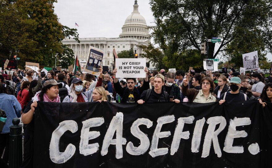 Demonstrators rally to demand a cease-fire against Palestinians in Gaza on Independence Avenue near the U.S. Capitol last month in Washington, D.C.