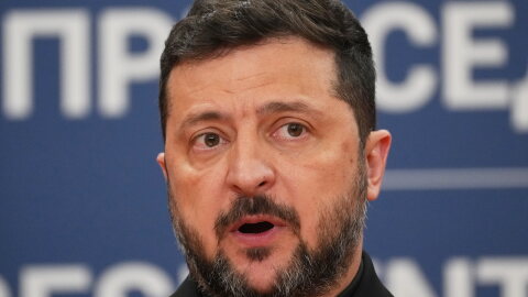 Ukraine's President Volodymyr Zelenskyy speaks during a press conference with his Serbian counterpart Aleksandar Vucic at the Serbia Palace, in Belgrade, Serbia, Saturday, Aug. 8, 2026.