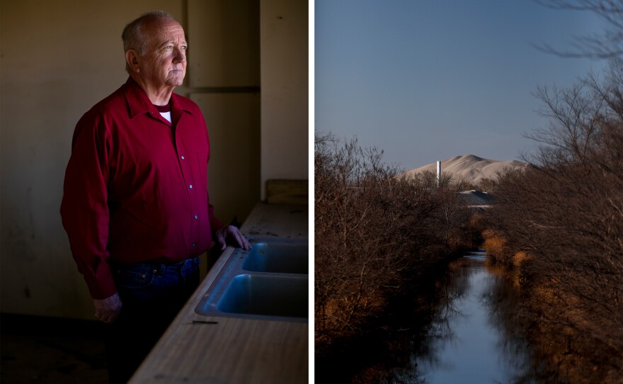 <strong>Pilcher, Okla.:</strong> Left: Terry Tyree, like many former residents of the town, said Picher was one big family before the buyout. "We lost that community. You know, Friday nights, you knew where everybody was going to be."; Right: Looking north from the ghost town of Douthat, Oklahoma along Tar Creek a chat pile rises like a mountain from the ghost town of Picher, Oklahoma.