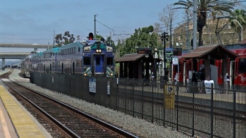 A Coaster commuter train is shown coming into Old Town Station on April 28, 2023.