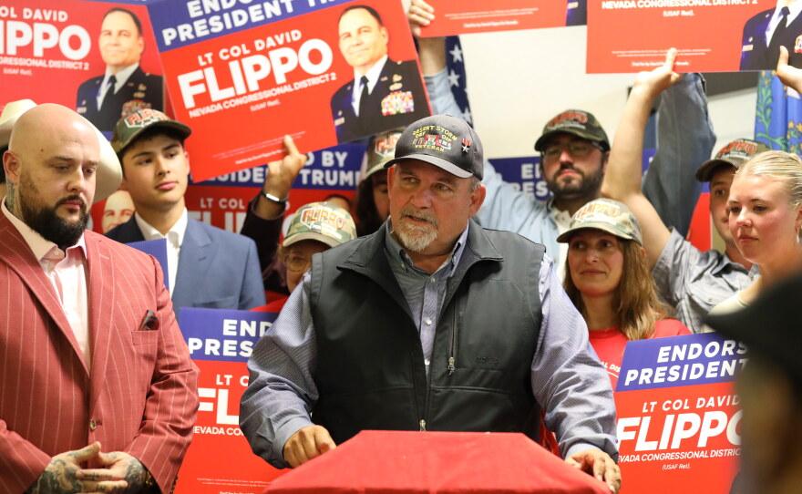 David Flippo, the Republican candidate for Congress in Nevada's 2nd Congressional District, speaks during a primary election night watch party June 9, 2026, in Reno, Nev.