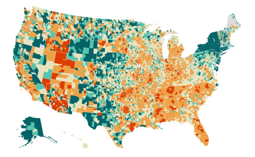 Map of U.S. school funding by district: Red indicates less funding; green indicates more funding.