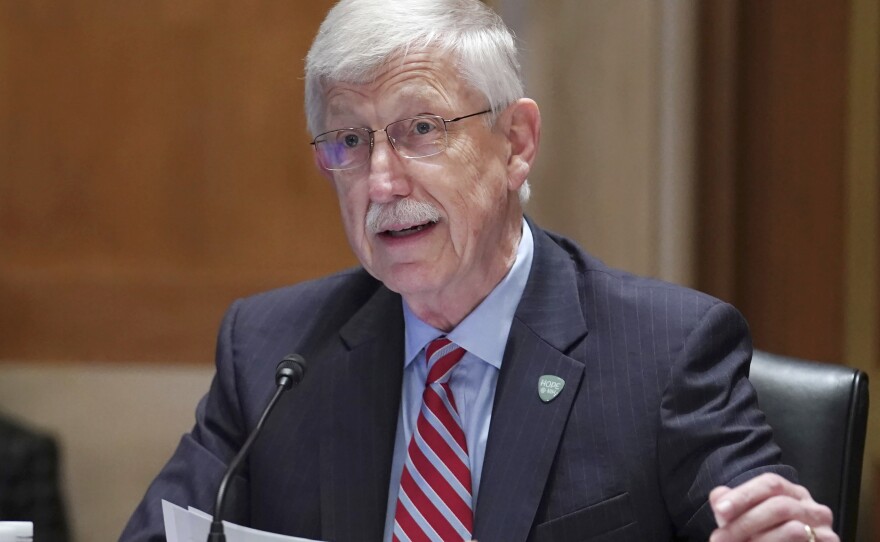 NIH Director Dr. Francis Collins, seen testifying before a Senate subcommittee in May, on Capitol Hill in Washington, D.C. Collins' last day on the job is Sunday.