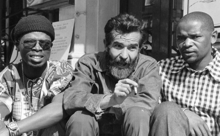 South African playwright Athol Fugard with actors John Kani (left) and Winston Ntshona at a 1973 production of Sizwe Bansi Is Dead in London.