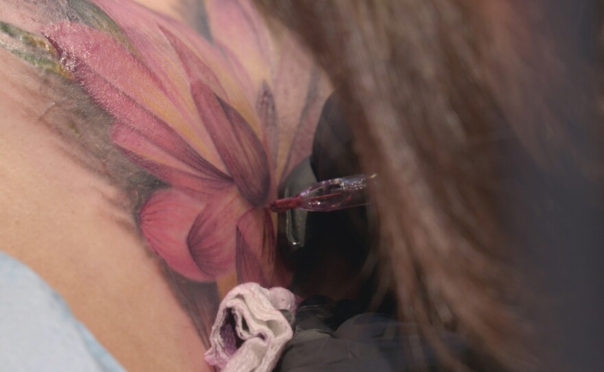 Decorative tattoo work in progress by artist Kristy Quinones