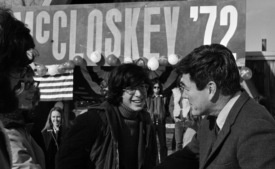 Rep. Paul "Pete" McCloskey, R-Calif., right, confers with a young person outside one of his New Hampshire headquarters in Concord, N.H., as he stomped the Granite state for the first in the nation presidential primary, Feb. 1, 1972.