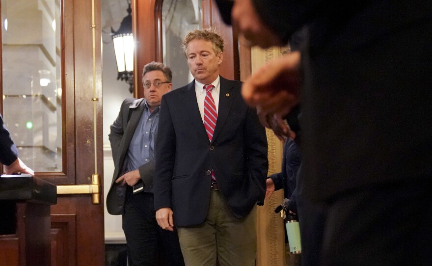 Sen. Rand Paul, R-Ky., arrives on Capitol Hill in Washington on Monday.