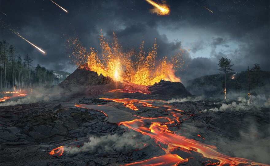 Composite: Fantasy close up scene of active volcano with fire, ice and smoke on the top.