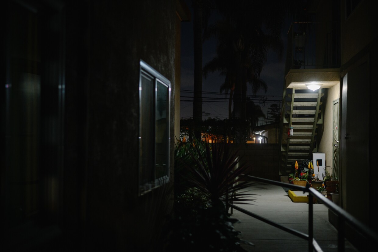 The Hawaiian Gardens apartments in Imperial Beach are seen in the evening on November 18, 2024.