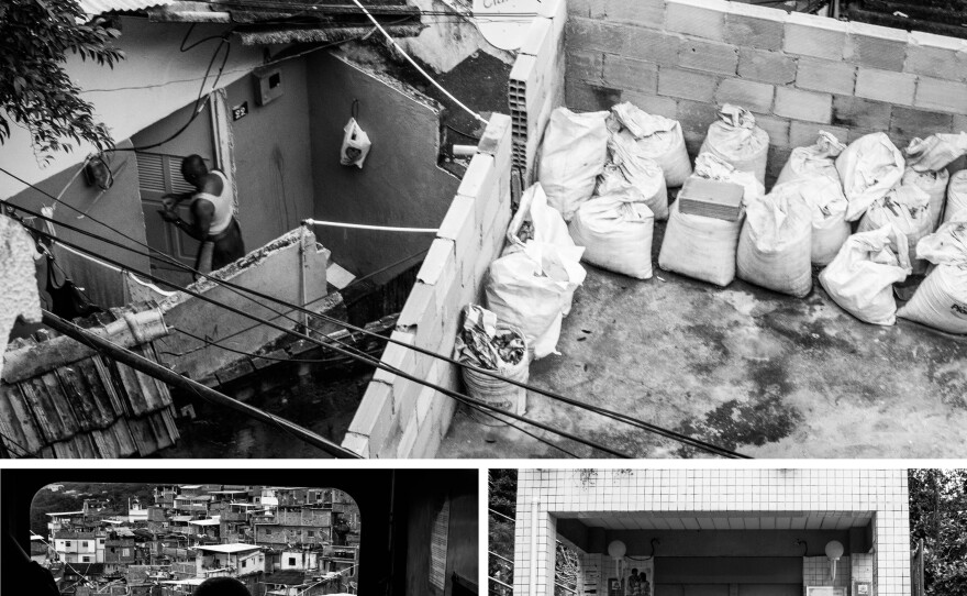 (Top) A man enters his home in the Santa Marta favela. (Left) A view of the favela from the tram. (Right) People wait for the tram that travels over Santa Marta.
