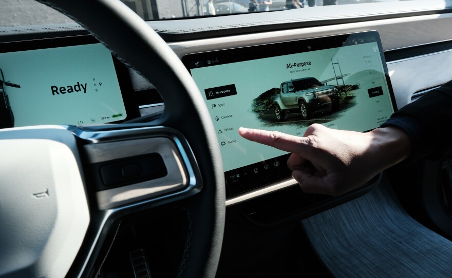 A look at the interior of Rivian's all-electric pickup truck R1T, as it sits at one of its facilities in Brooklyn, N.Y., on Nov. 9. The company has started deliveries of the R1T.