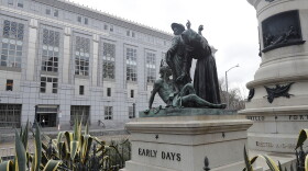 This March 2, 2018 file photo shows a statue that depicts a Native American at the feet of a Spanish cowboy and Catholic missionary in San Francisco.