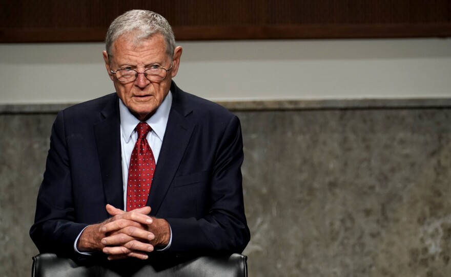 Sen. Jim Inhofe, chairman of the Senate Armed Services Committee, at a May 6 hearing. The Oklahoma Republican's panel has voted to form a commission on removing Confederate names from Army installations.