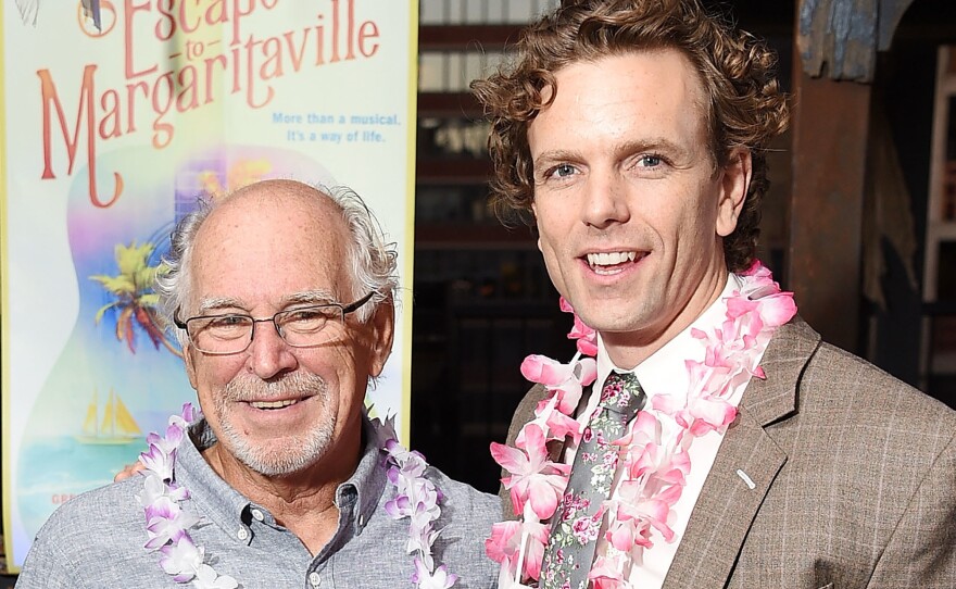 Jimmy Buffett and actor Paul Alexander Nolan at the <em>Escape To Margaritaville</em> send-off party in New York City in Sept. 2017.