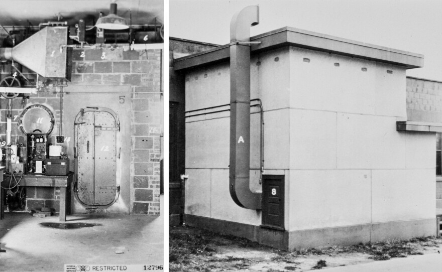 (Left) The inside of a gas chamber used for tests on American troops during World War II at the Edgewood Arsenal in Maryland. (Right) The exterior of a Naval Research Laboratory gas chamber in Washington, D.C.