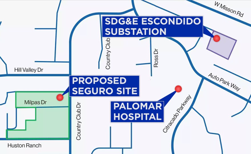 A map showing the relative proposed Seguro Energy Storage project location and the SDG&amp;E Escondido Substation and Palomar Hospital, May 28, 2024.