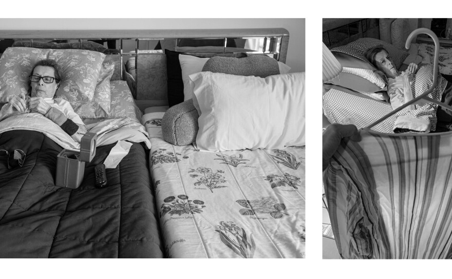 Left: Audrey fixes her watch while she rests in bed. Right: Audrey gets help choosing a robe to wear for her first telemedicine appointment when she was getting her cancer diagnosis. Both images taken in Aventura, Miami, Fla., April, 2020.