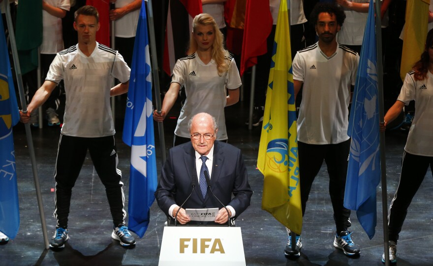 FIFA President Sepp Blatter addresses the audience at the opening ceremony of the 65th FIFA Congress in Zurich Thursday. The leader of soccer's governing body has rejected calls for him to resign.