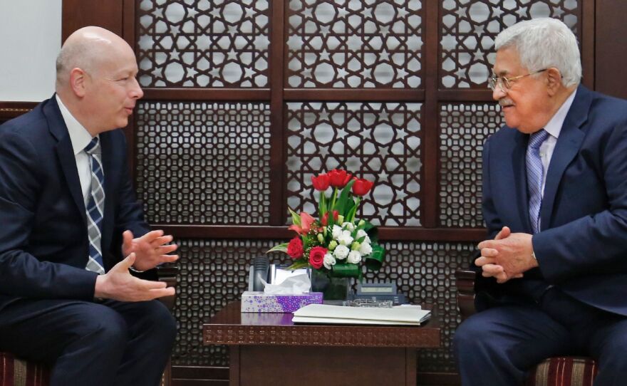 Palestinian Authority President Mahmoud Abbas (right) meets with Jason Greenblatt in the West Bank city of Ramallah in 2017.