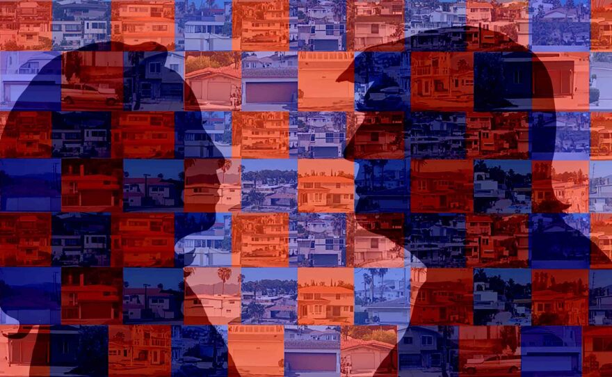 The silhouettes of Vice President Kamala Harris and President-elect Donald Trump face each other over a background of blue and red squares that have images of homes in them.