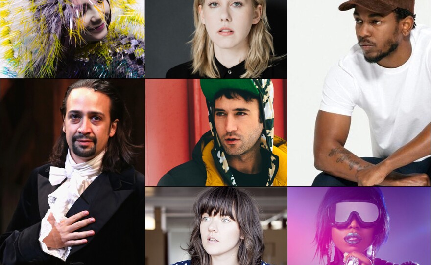 Clockwise from upper left: Bjork, Torres, Kendrick Lamar, Missy Elliott, Courtney Barnett, Lin-Manuel Miranda in the Hamilton musical, Sufjan Stevens