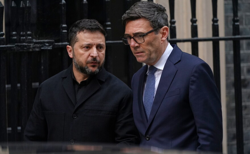 Britain's Prime Minister Andy Burnham says goodbye to Ukraine's President Volodymyr Zelenskyy after their meeting at 10 Downing Street in London, Wednesday, Oct. 14, 2026.