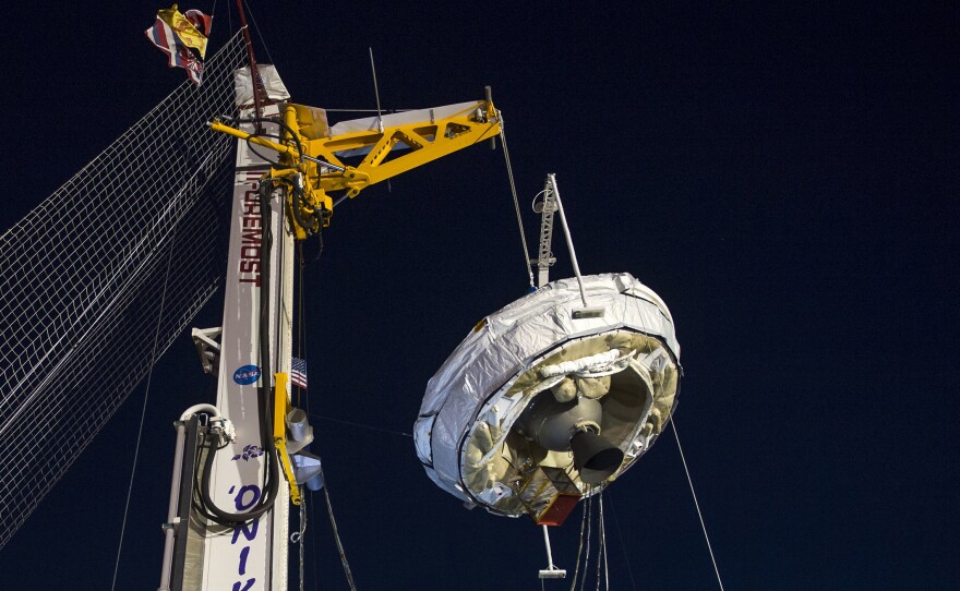 The Low-Density Supersonic Decelerator, or LDSD, hangs from a support during a launch rehearsal last month. The craft lifted off from the Navy Pacific Missile Range Facility in Kauai, Hawaii, Monday.