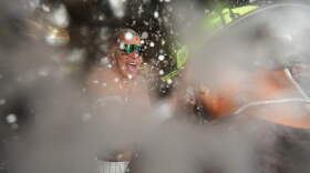 San Diego Padres third baseman Manny Machado celebrates with teammates after defeating the Chicago Cubs in Game 2 of the National League Wild Card baseball playoff series Wednesday, Sept. 30, 2026, in San Diego.