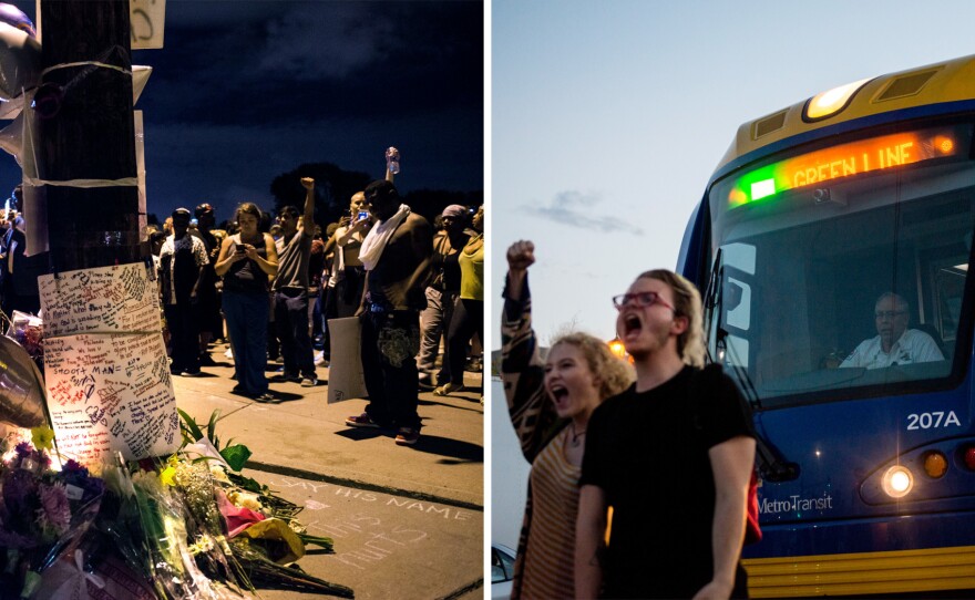 (Left) A memorial at the intersection where Philando Castile was shot on Thursday in Falcon Heights, Minn. (Right) Activists and community members protest the killing of Philando Castile on Thursday in St. Paul, Minn.