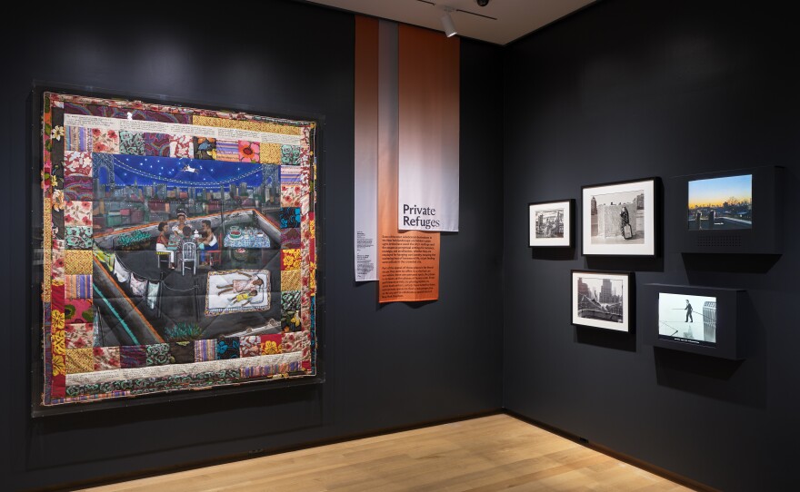 Faith Ringgold's quilt Woman on a Bridge #1 of 5: Tar Beach shares a corner with photographs that show how New Yorkers find quiet in a busy city.