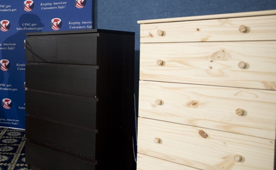 Two recalled Ikea dressers are displayed during a Consumer Product Safety Commission news conference in 2016. Since the recall was announced, at least one more toddler has been crushed to death by a falling dresser.