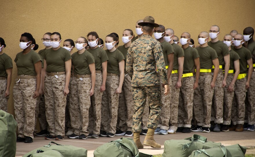 Marine recruits in their newly issued uniform for basic training, Feb. 9, 2021.