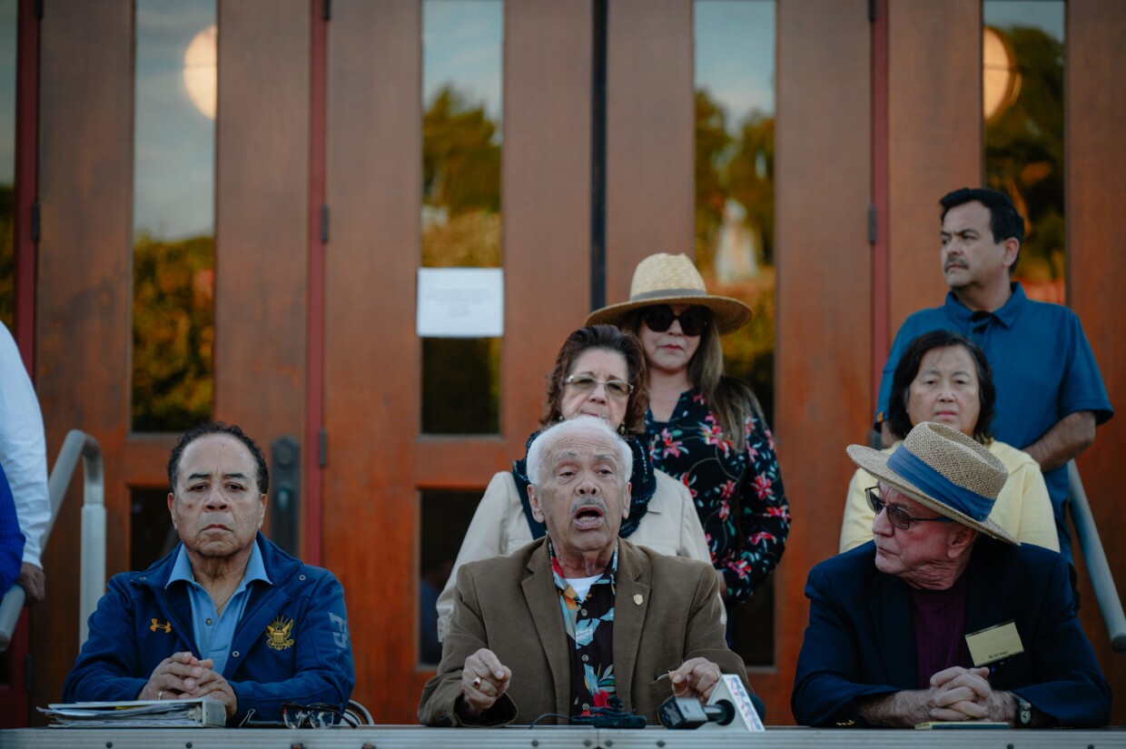 From left, Chula Vista residents John Acosta, Jesse Navarro and Russ Hall hold a press conference calling for City Councilmember Andrea Cardenas to step down, outside the Chula Vista City Council chambers on Nov. 14, 2023.