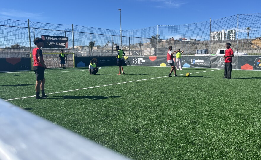 A group of young kids play soccer on the turf fields at Adam R. Scripps Street Soccer Park, Feb. 25, 2026.