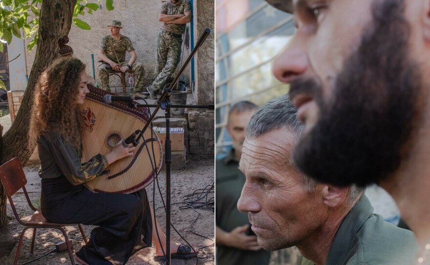 Left: Bandura player Maria Petrovska plays as part of a concert for soldiers near the front lines in the Donbas with the cultural forces. Right: Soldiers listen as Petrovska plays.