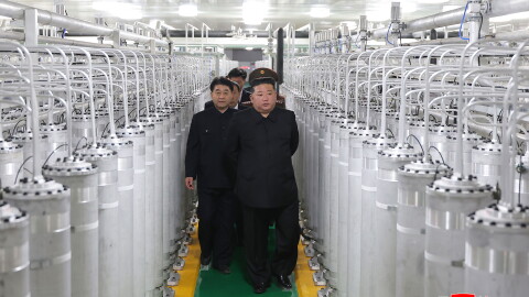 In this photo provided by the North Korean government, its leader Kim Jong Un, front right, visits a new facility to produce nuclear bomb fuels at an undisclosed place in North Korea Wednesday, June 3, 2026. The content of this image is as provided and cannot be independently verified.