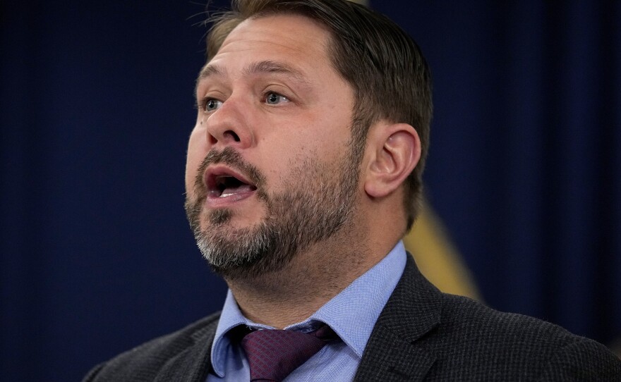 In this file photo, Rep. Ruben Gallego, D-Ariz., speaks at the Capitol, Thursday, April 6, 2023, in Phoenix. Gallego in running for Senate in Arizona and, despite a looming primary election, is already taking on the likely-Republican nominee, Kari Lake.