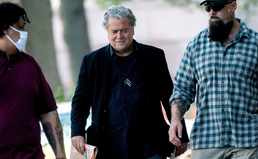Former White House chief strategist Steve Bannon arrives at the U.S. District Court House as his trial for contempt of Congress continues on Wednesday.