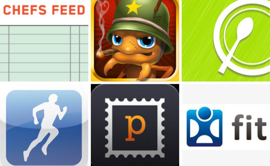 <p>Six new apps — clockwise from top left, Chefs Feed, Anthill, Chewsy, Fitocracy, Postagram and RunKeeper — can help you exercise, find food, or just kill time.</p>